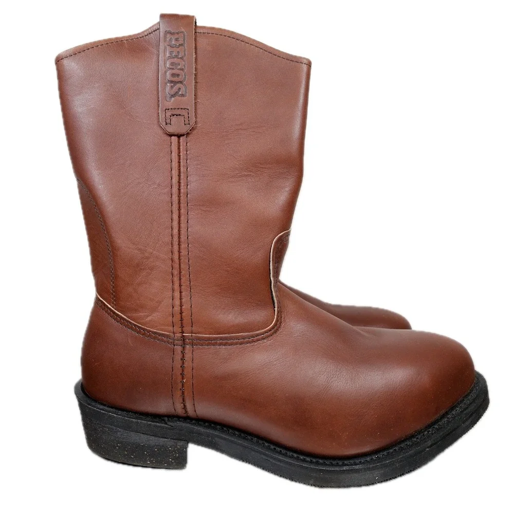Red Wing Pecos 2214 Boots Mens 11 Brown Leather Steel Toe Pull On Made in USA